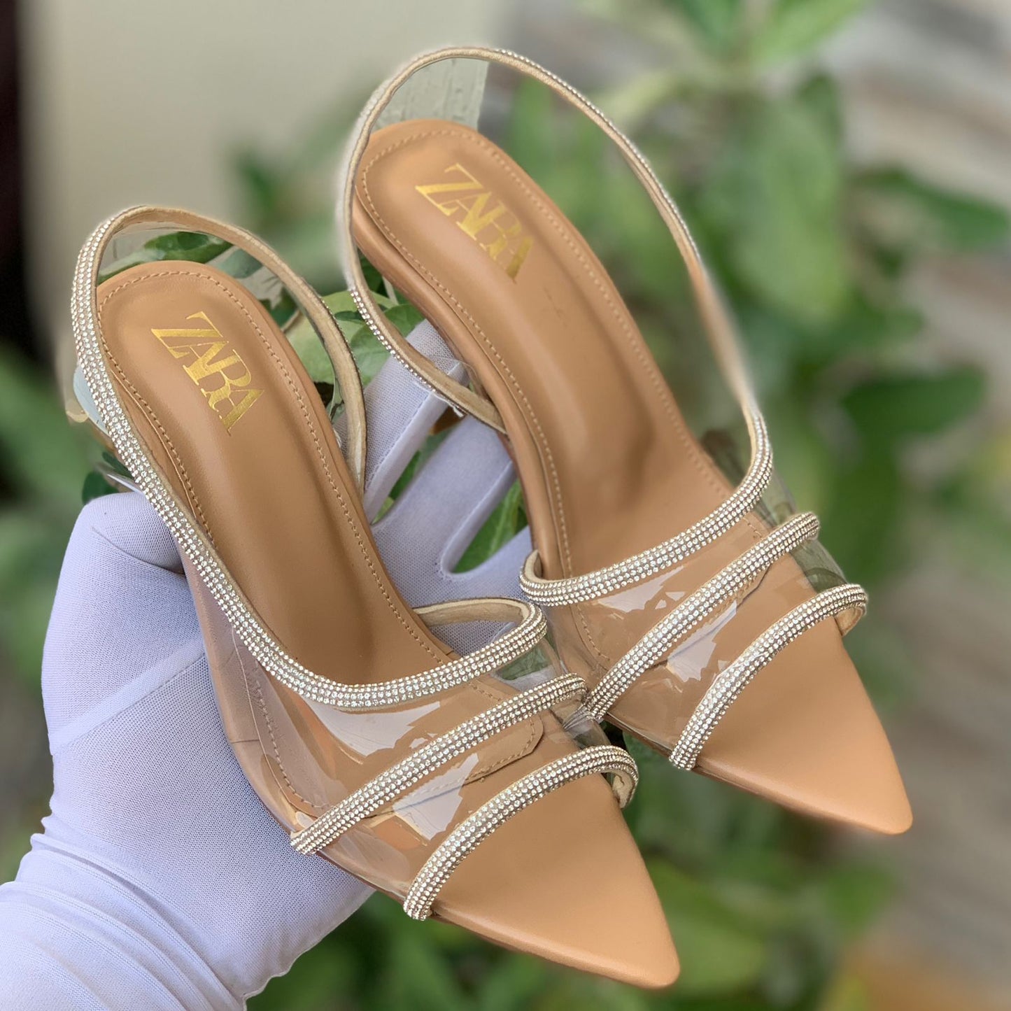 BELLARIA VINYLE RHINESTONE STRAP HEEL - BEIGE