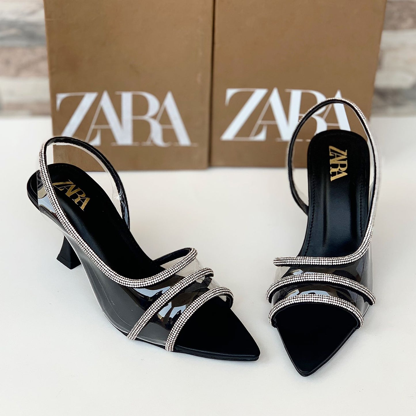 BELLARIA VINYLE RHINESTONE STRAP HEEL - BLACK