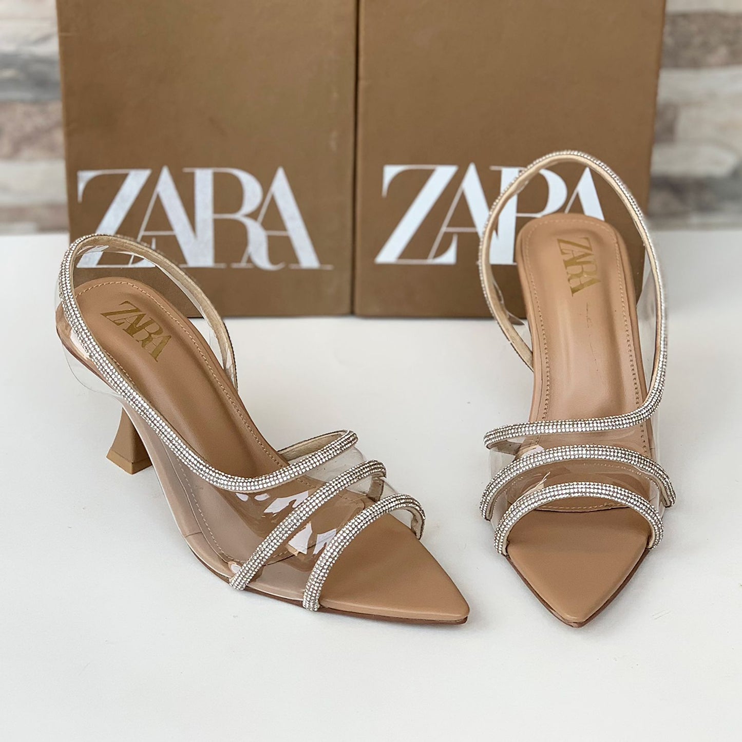 BELLARIA VINYLE RHINESTONE STRAP HEEL - BEIGE