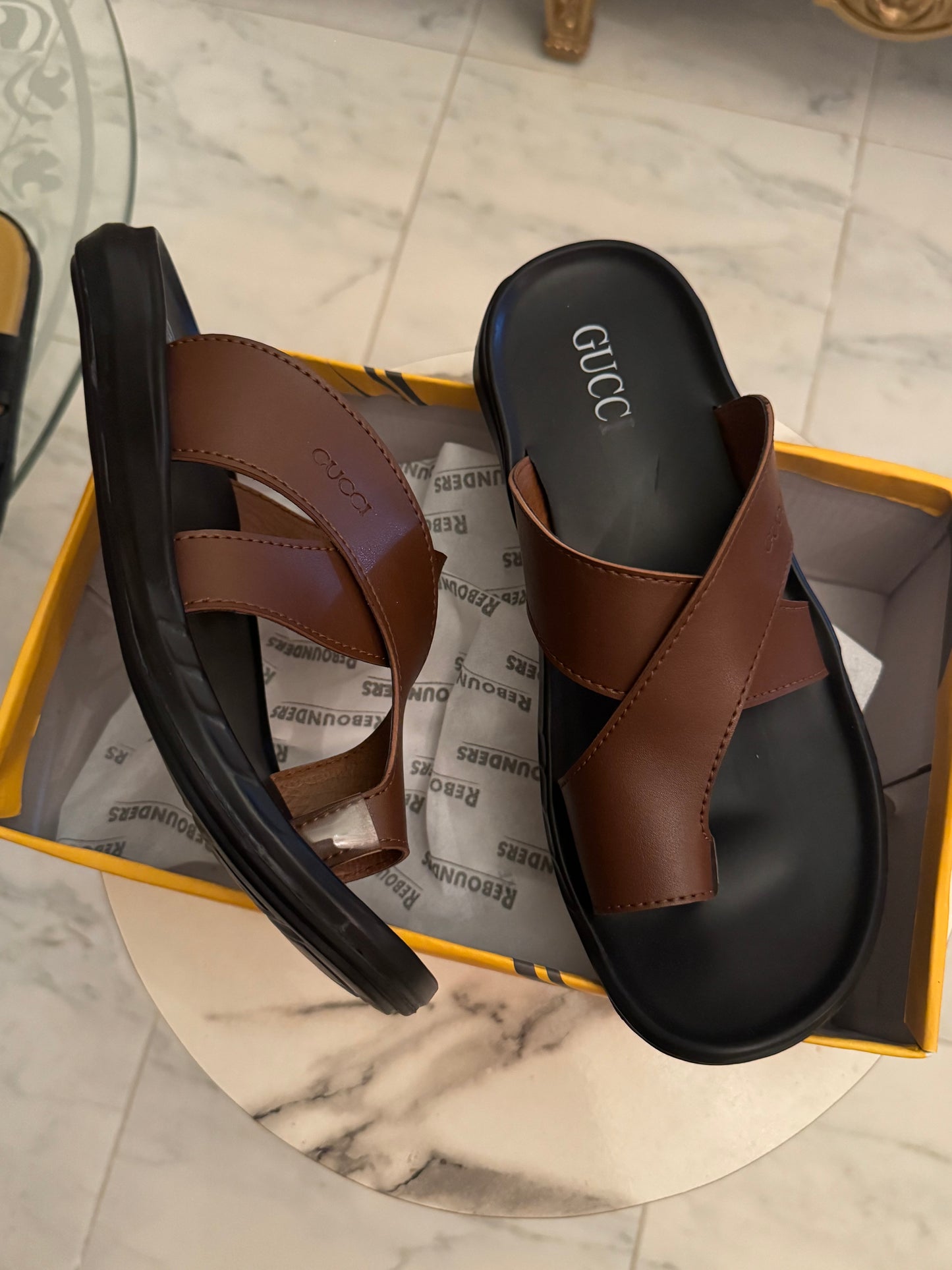 CROSS SOLE LEATHER SLIPPER - BROWN