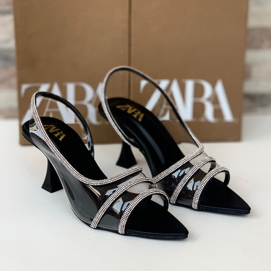 BELLARIA VINYLE RHINESTONE STRAP HEEL - BLACK
